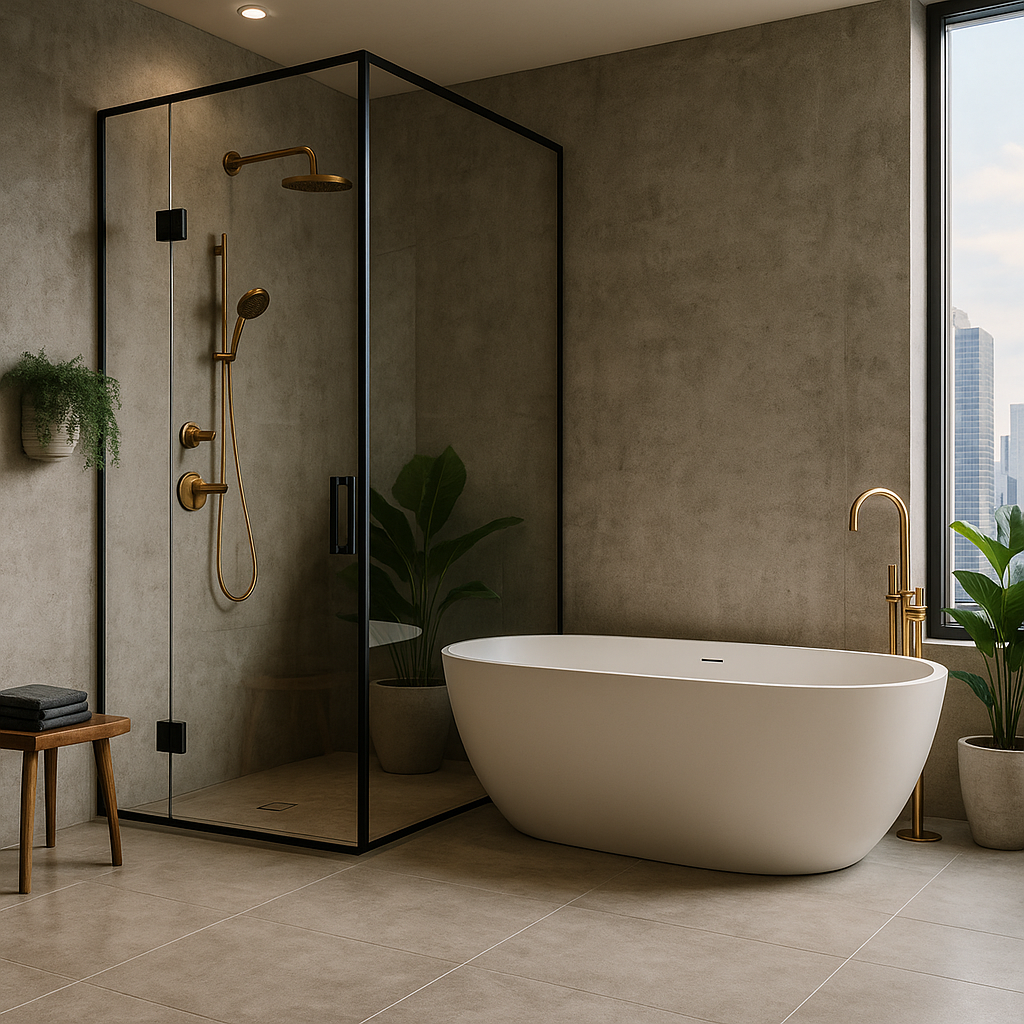 Bathroom with freestanding tub and glass shower